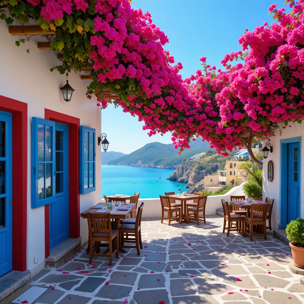 Mittelmeer-Café am Meer mit Bougainvillea und Blick auf die blaue Bucht
