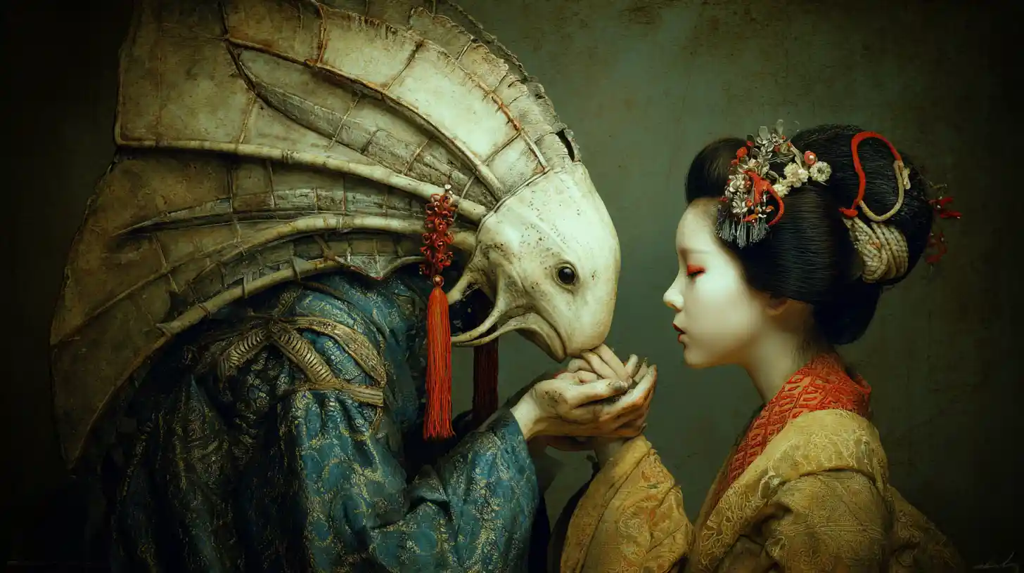 Surreal geisha like antagonist in a dreamlike fantasy scene
