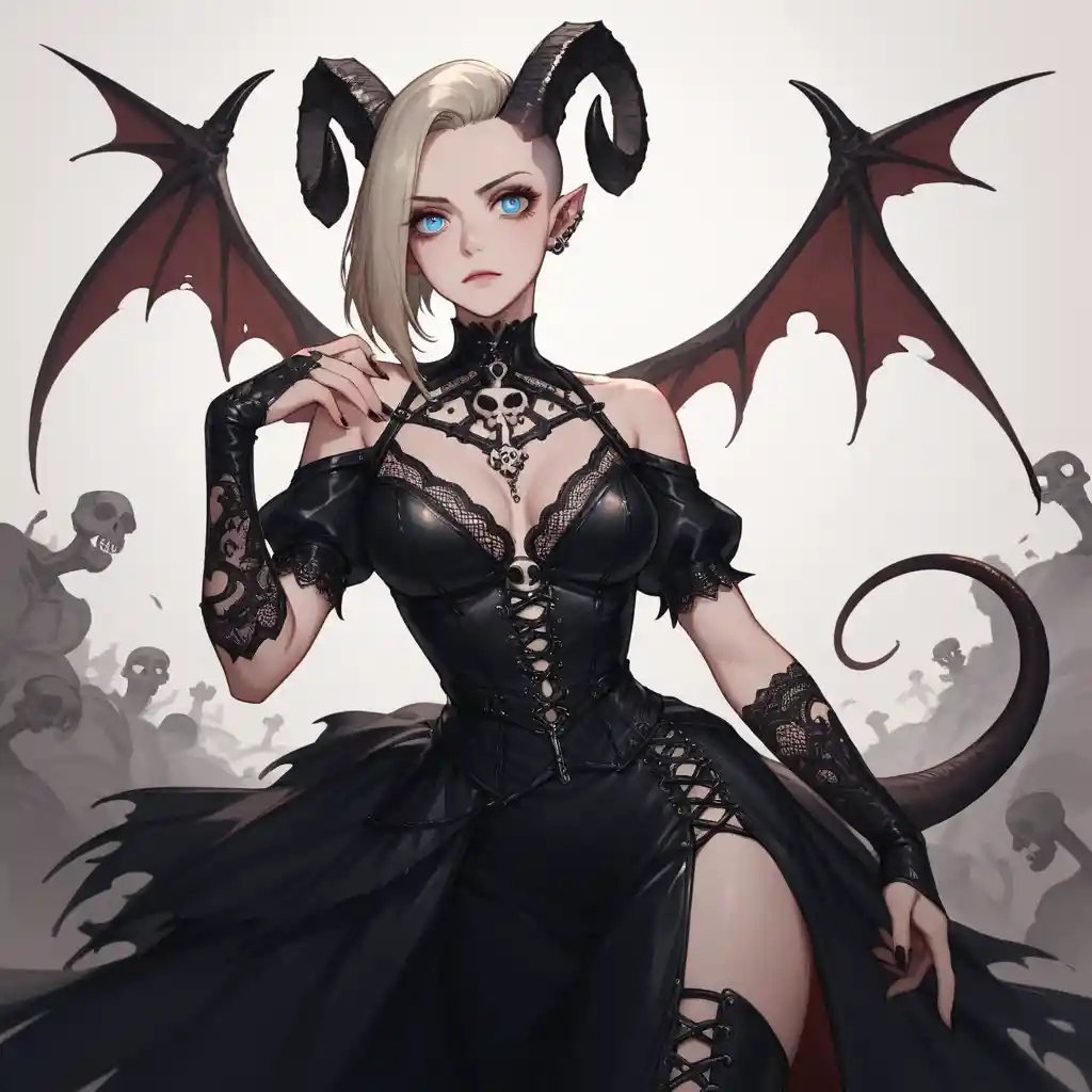 Gothic tiefling woman in a bone chapel with bat wings