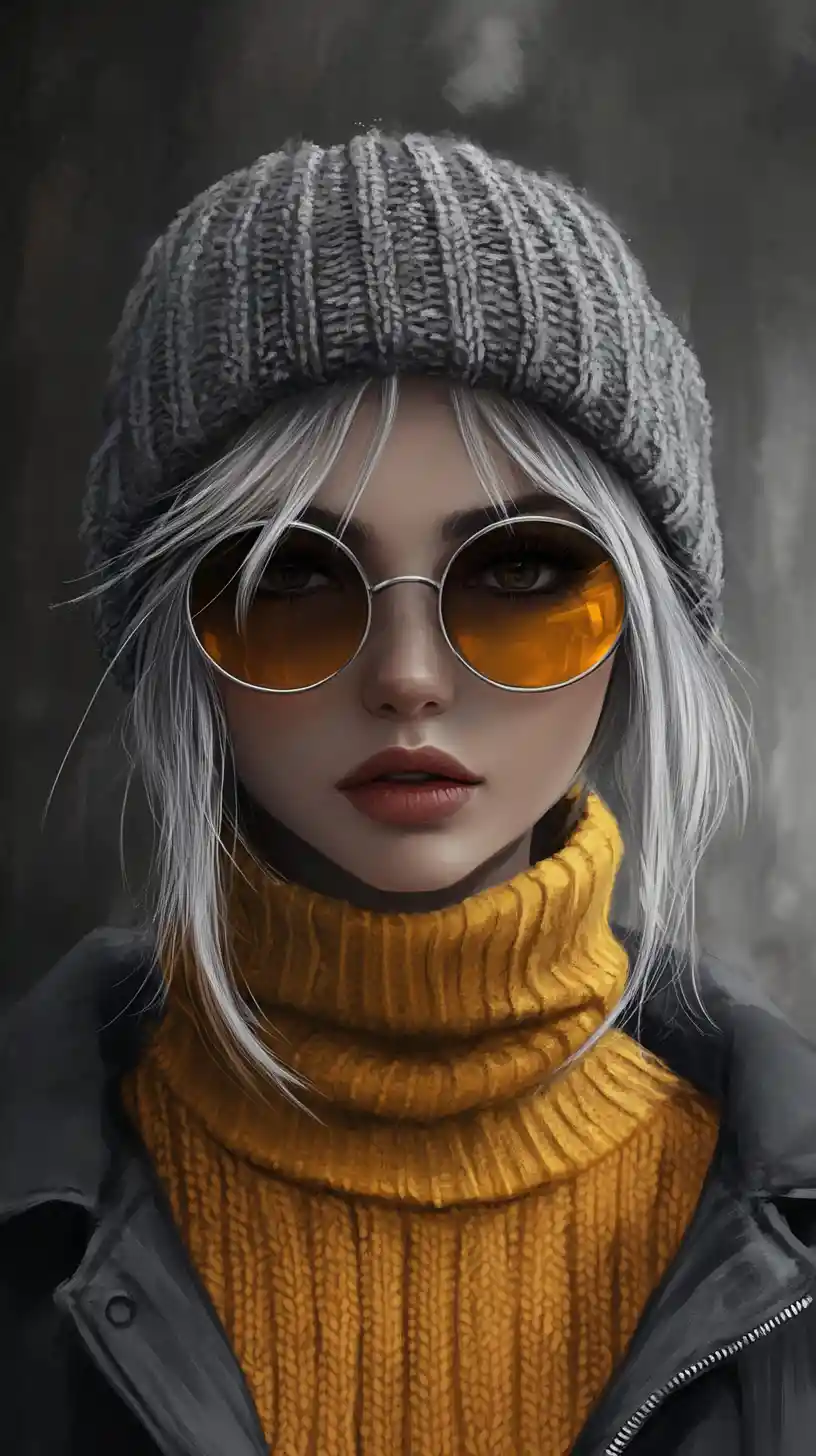 Anime woman in yellow turtleneck and gray hat portrait