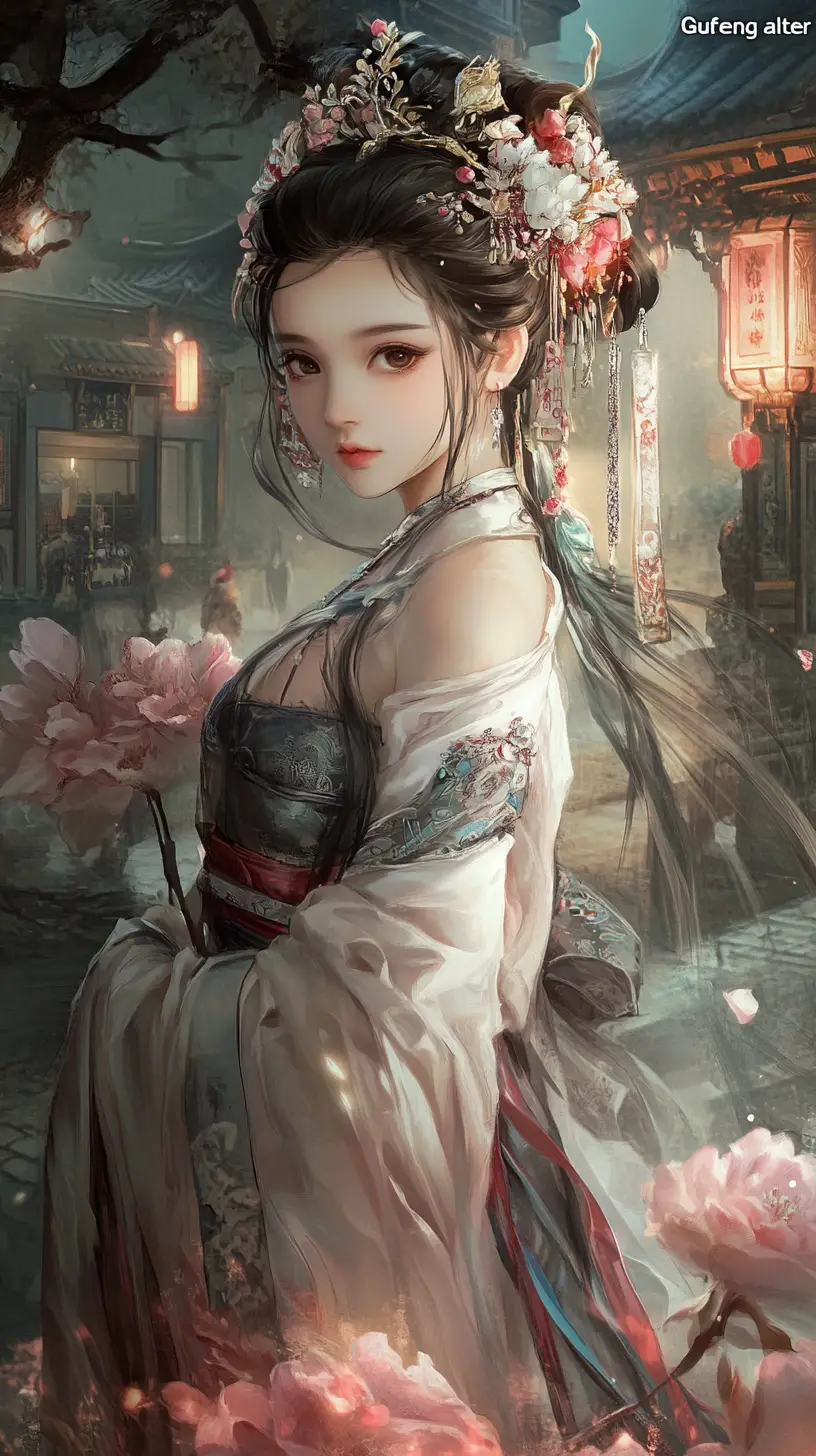 Young woman in gufeng style with flowers at night