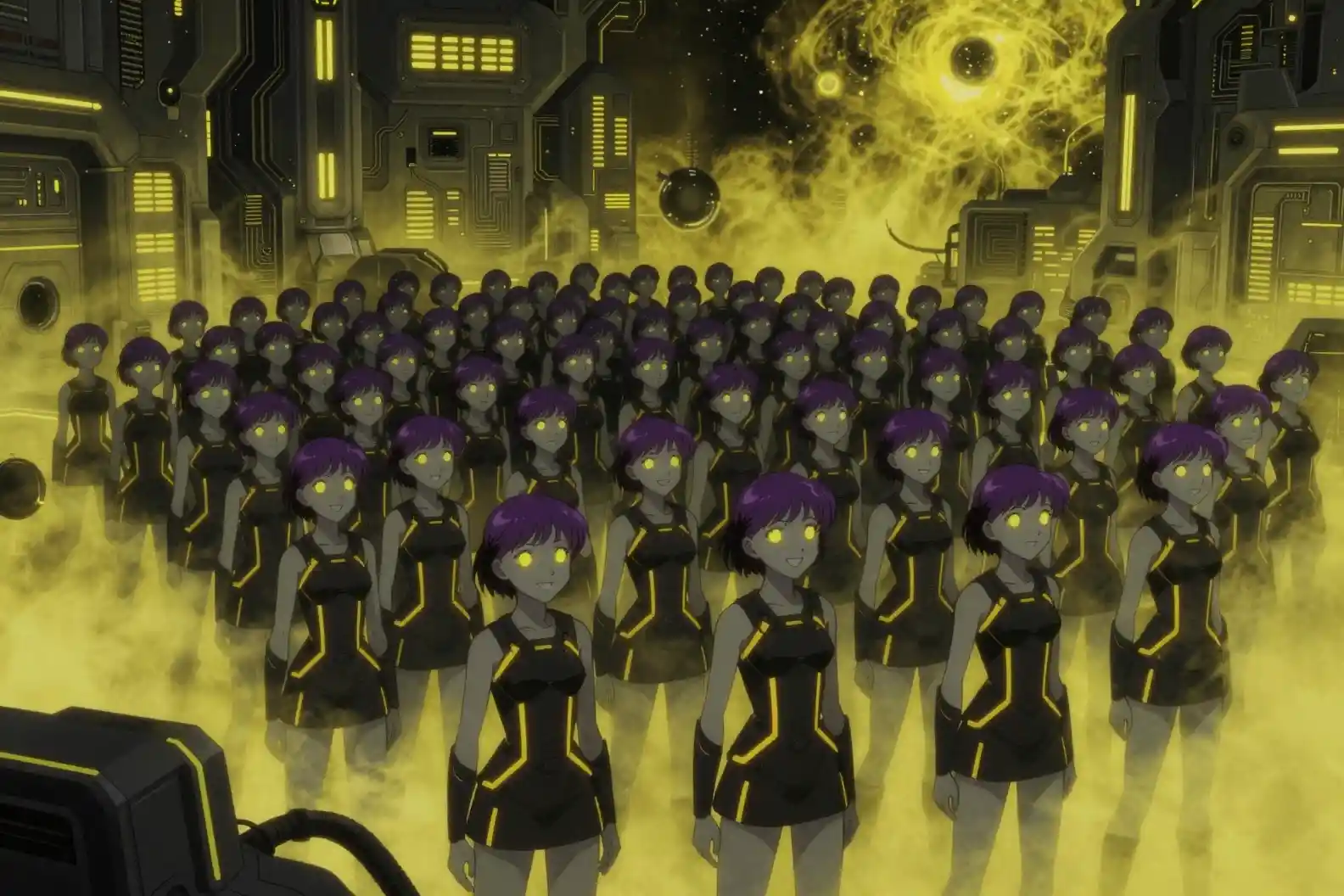 Sci fi girls with glowing yellow eyes in vast crowd