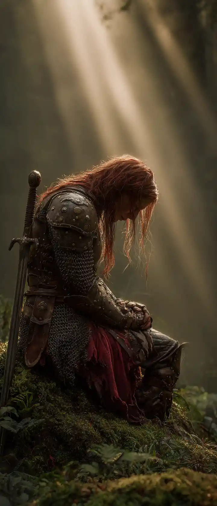 Weary viking warrior resting in a misty forest clearing