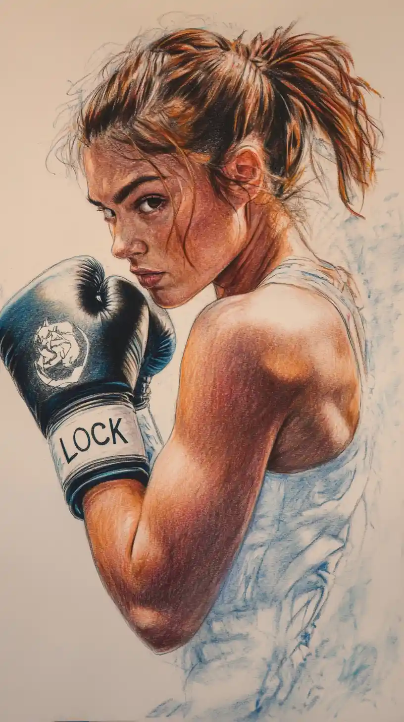 Intense female boxer portrait in dramatic colored pencil drawing