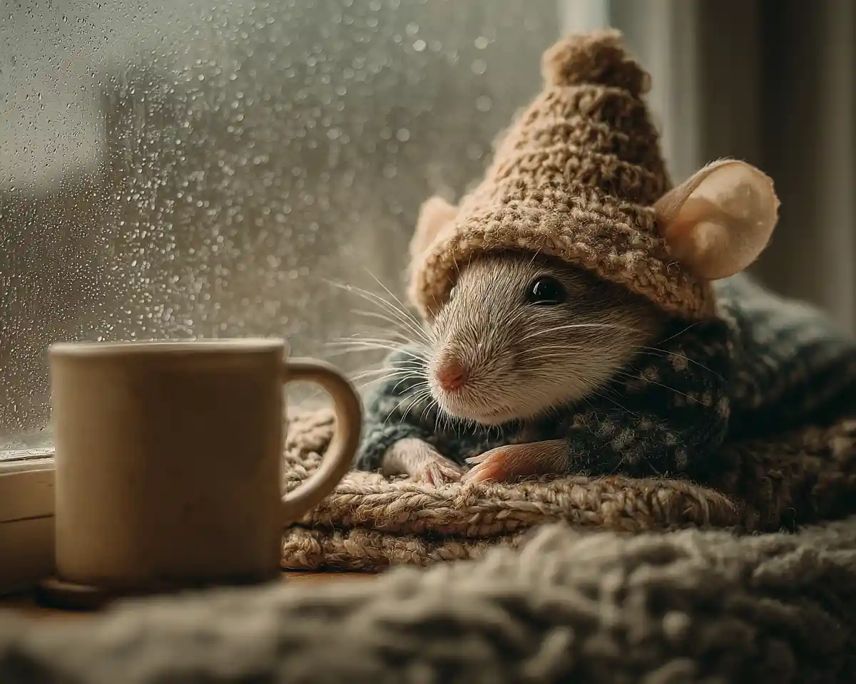 Sleepy cartoon mouse napping on a cozy window sill