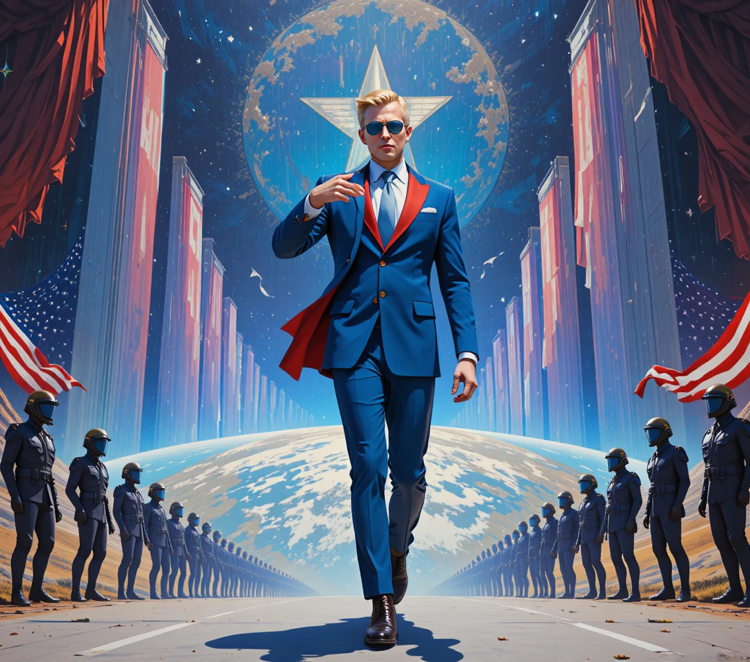 Determined businessman walking forward in cosmic patriotic scene