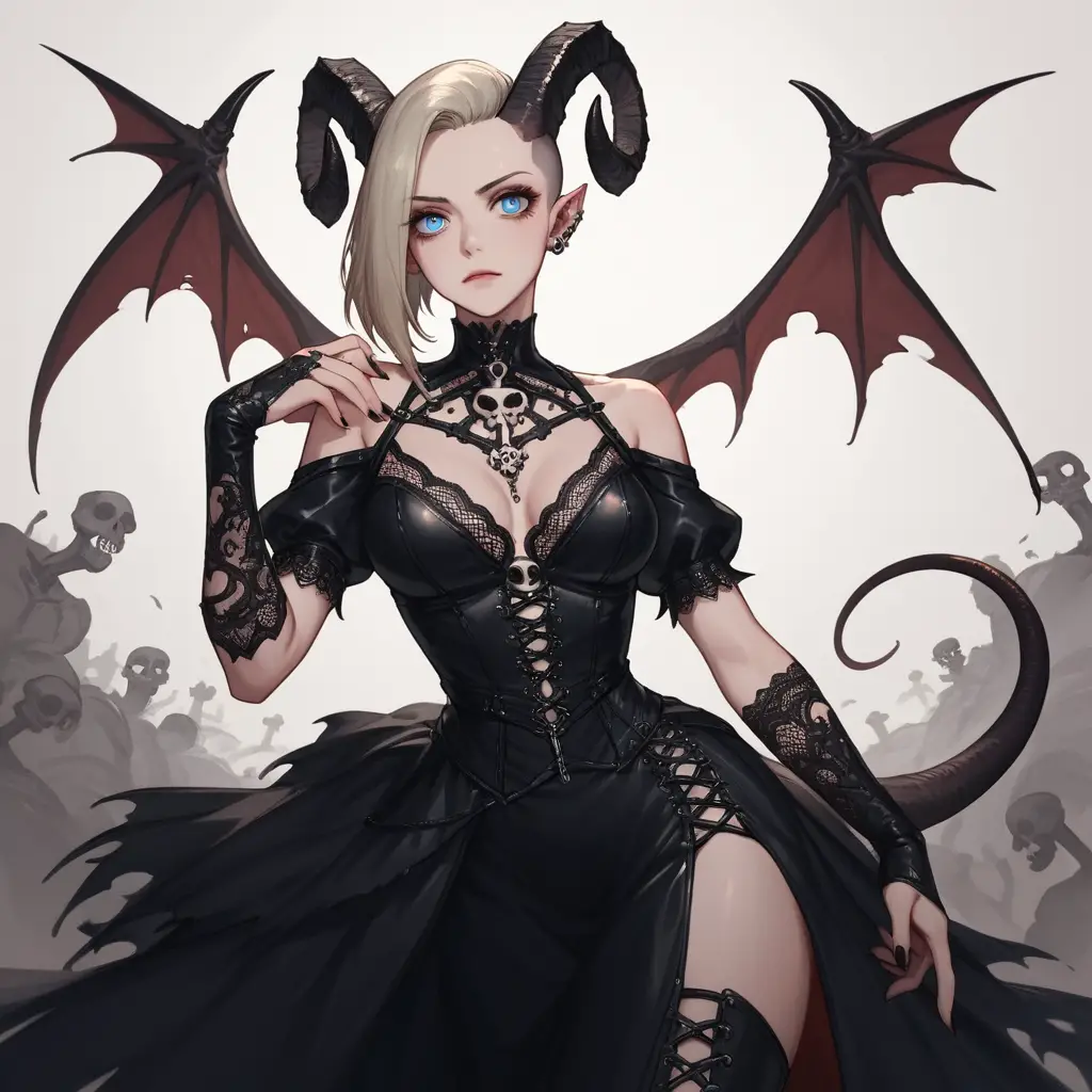 Gothic tiefling woman in a bone chapel with bat wings