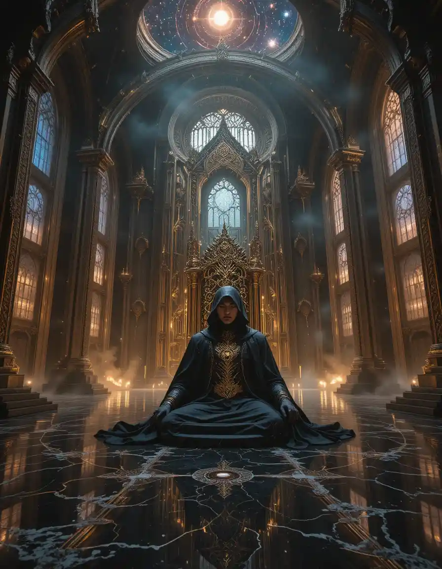 Post human emperor on a throne within a vast cosmic hall