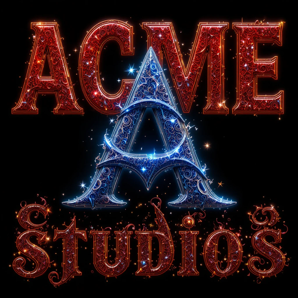Shiny red typography logo with blue symbol on starry black background