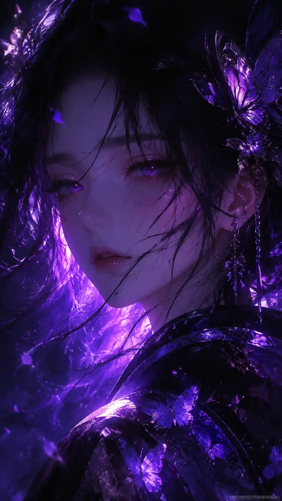 Close up of a 3D anime girl with glowing eyes