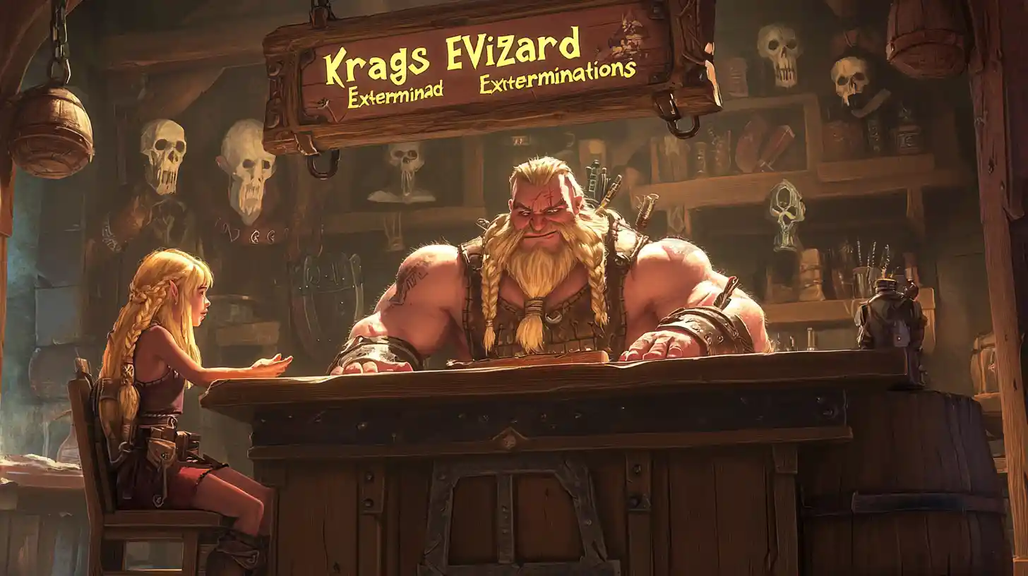 Barbarian warrior consulting at a fantasy office desk