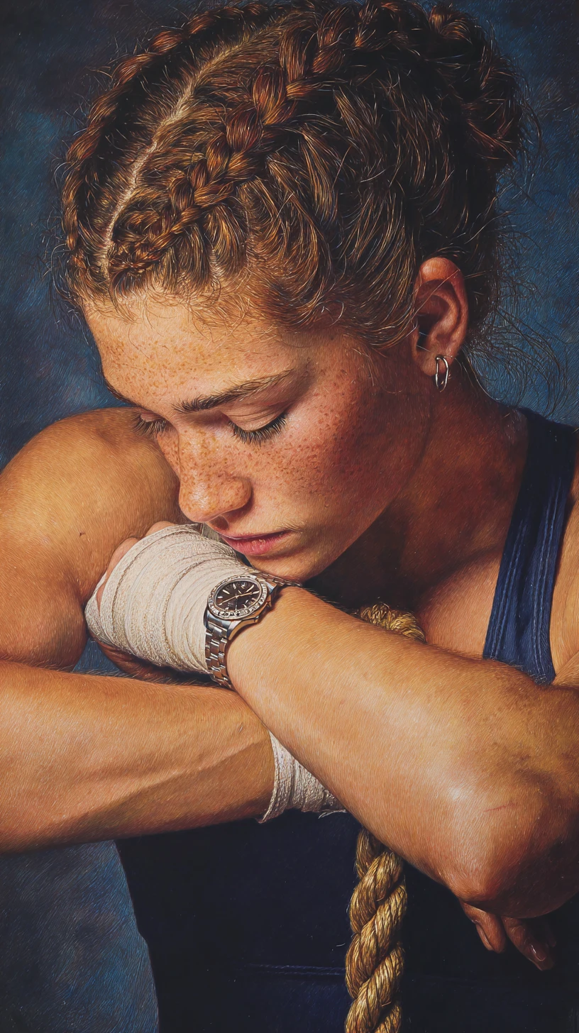 Exhausted woman boxer resting on hemp ring ropes