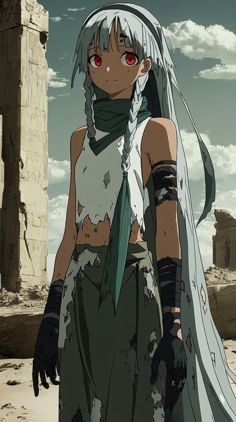 Anime girl on a ruined tower balcony under desert stars