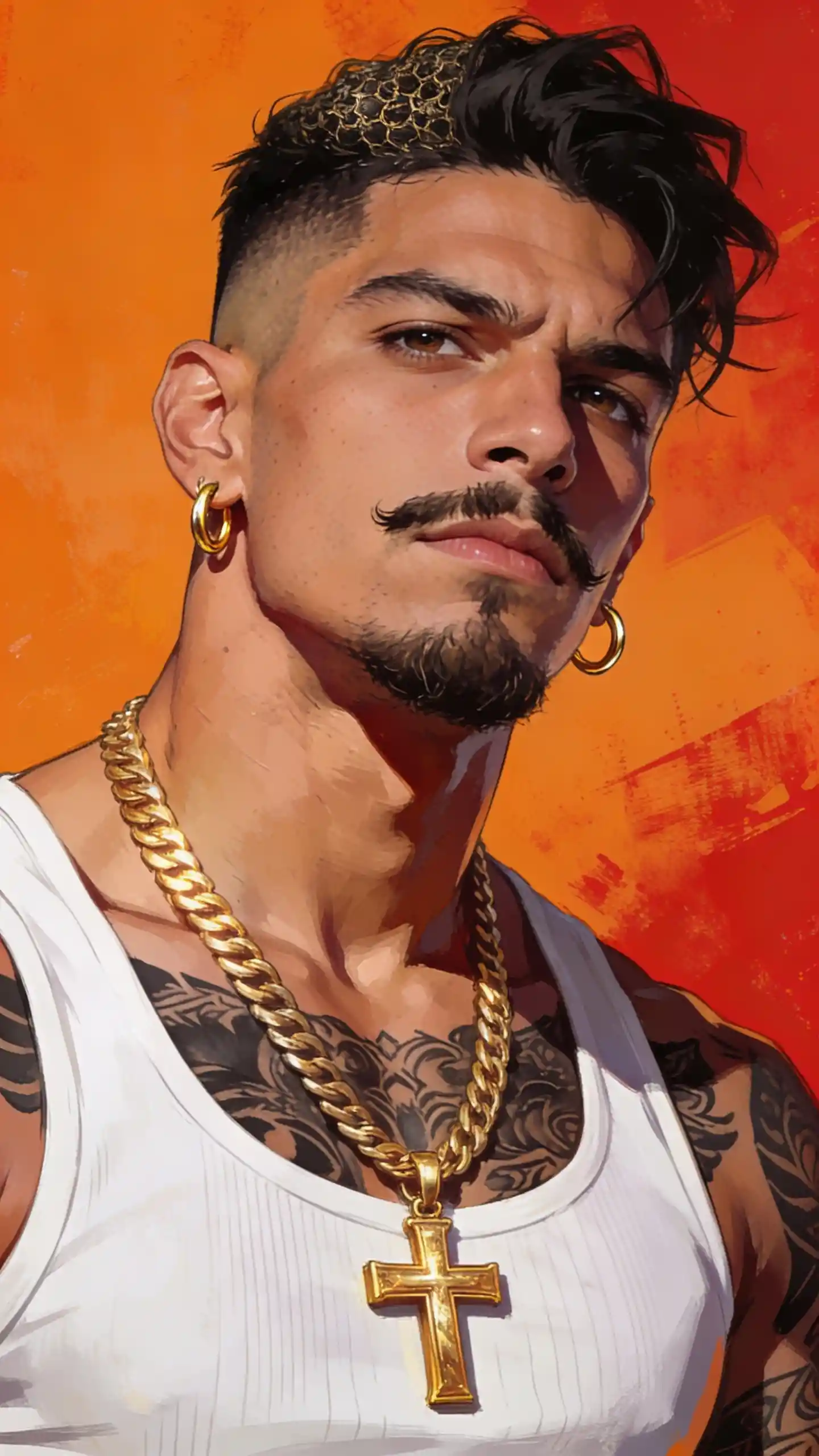 Close up portrait of tattooed man with gold jewelry