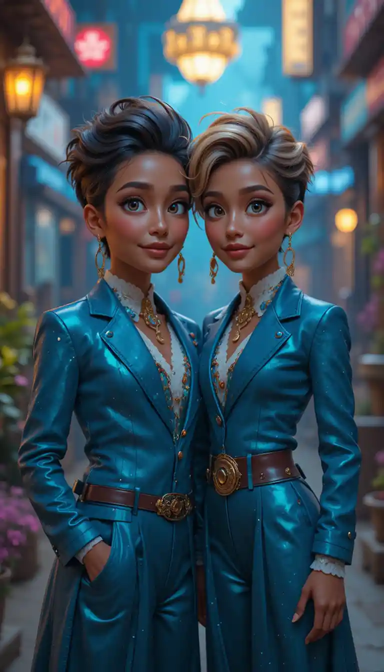 Human and Pixar style double portrait in urban fashion scene
