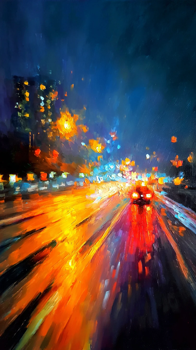 Car speeding forward through bright city lights at night