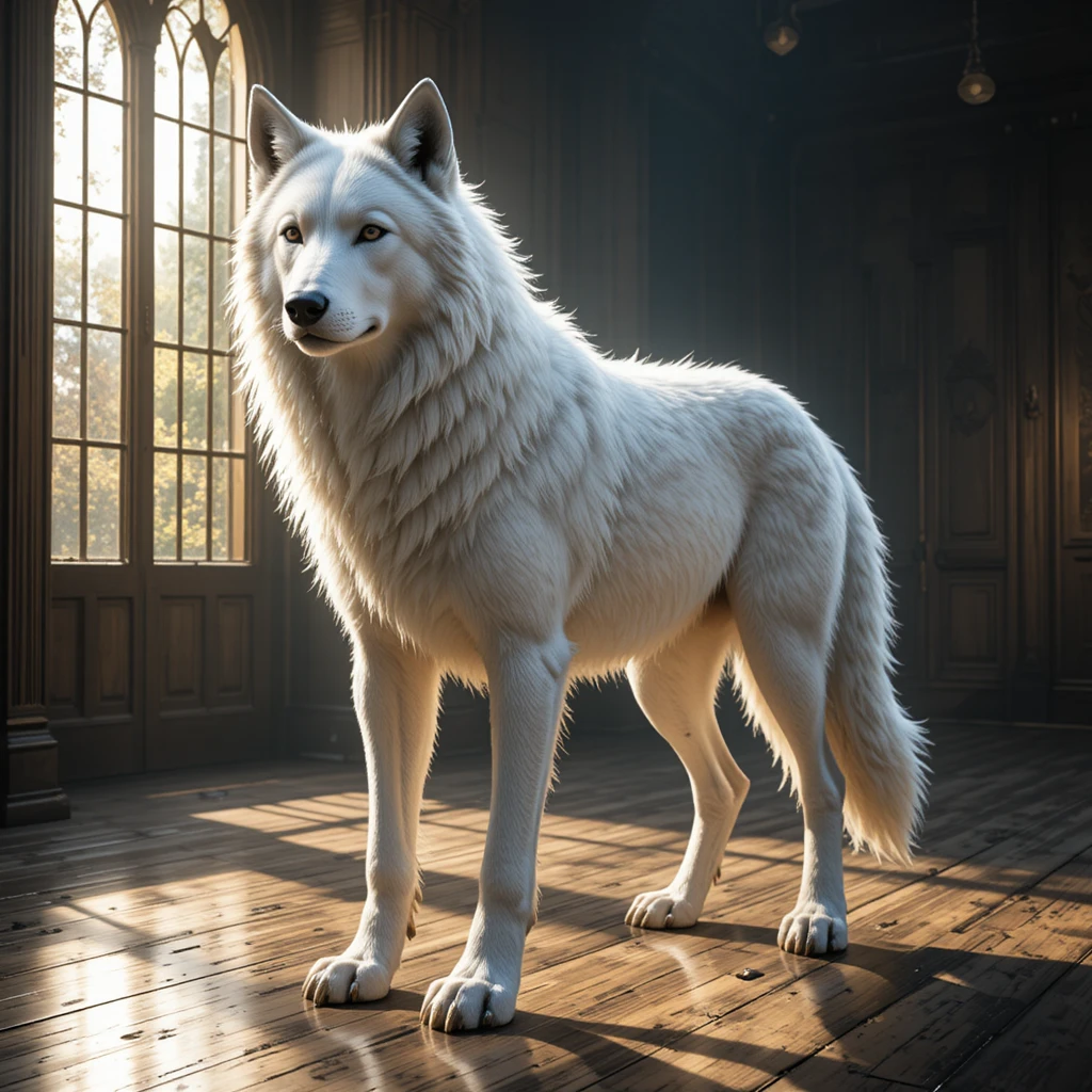 White wolf standing on wooden floor in soft window light