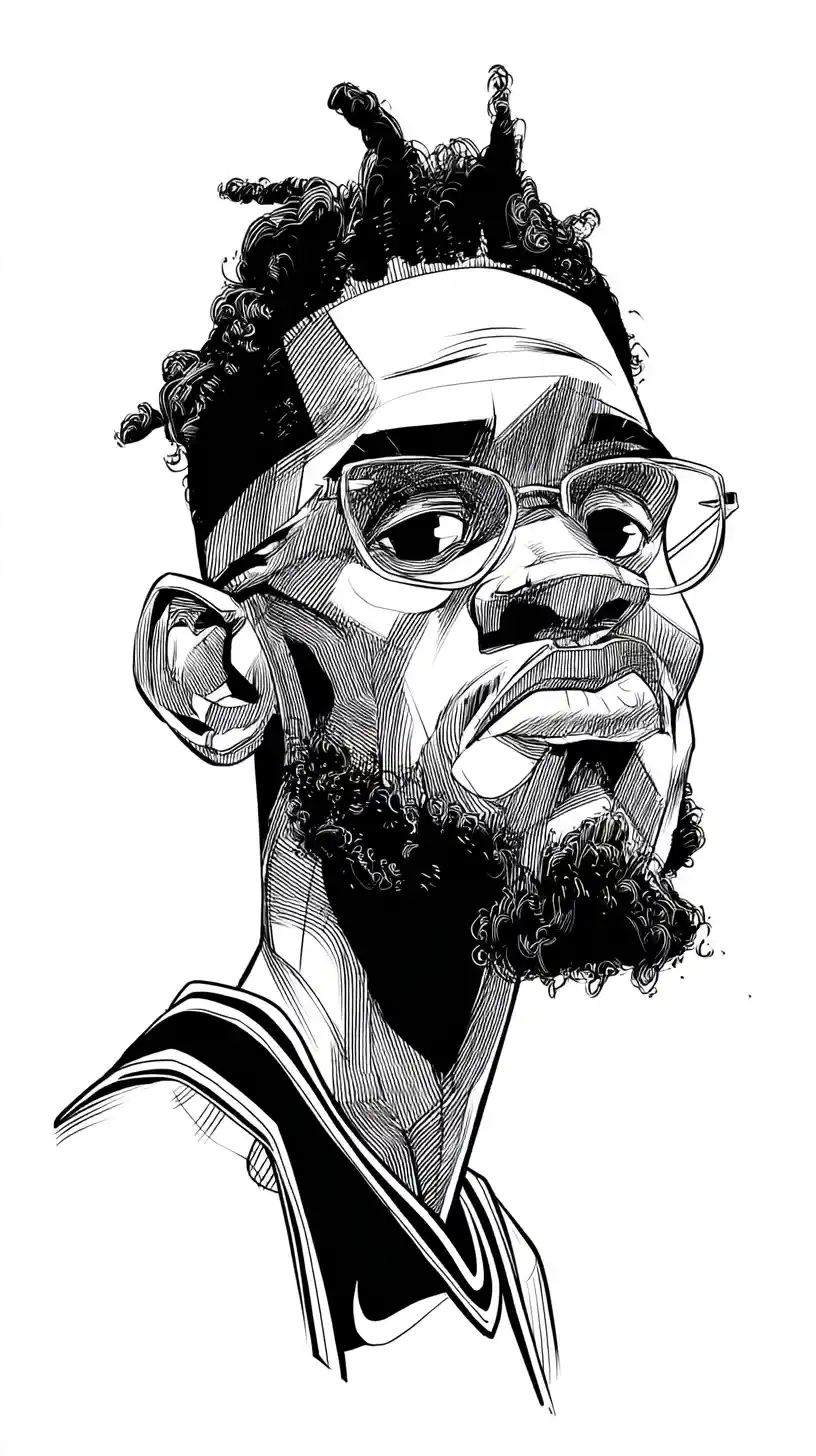 Caricature of a basketball player in inked black and white