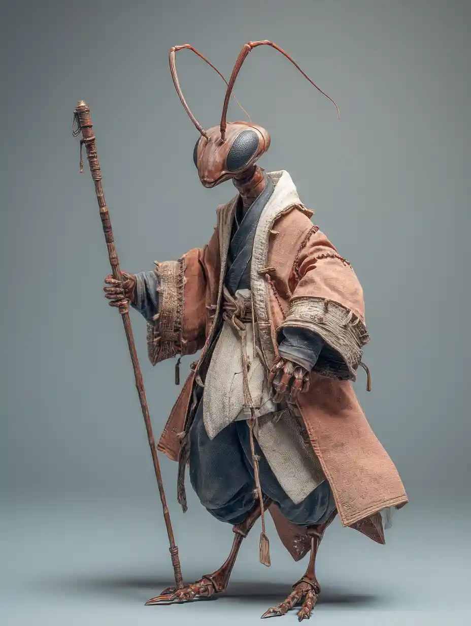 Wise ant humanoid wizard holding a staff in 3D art
