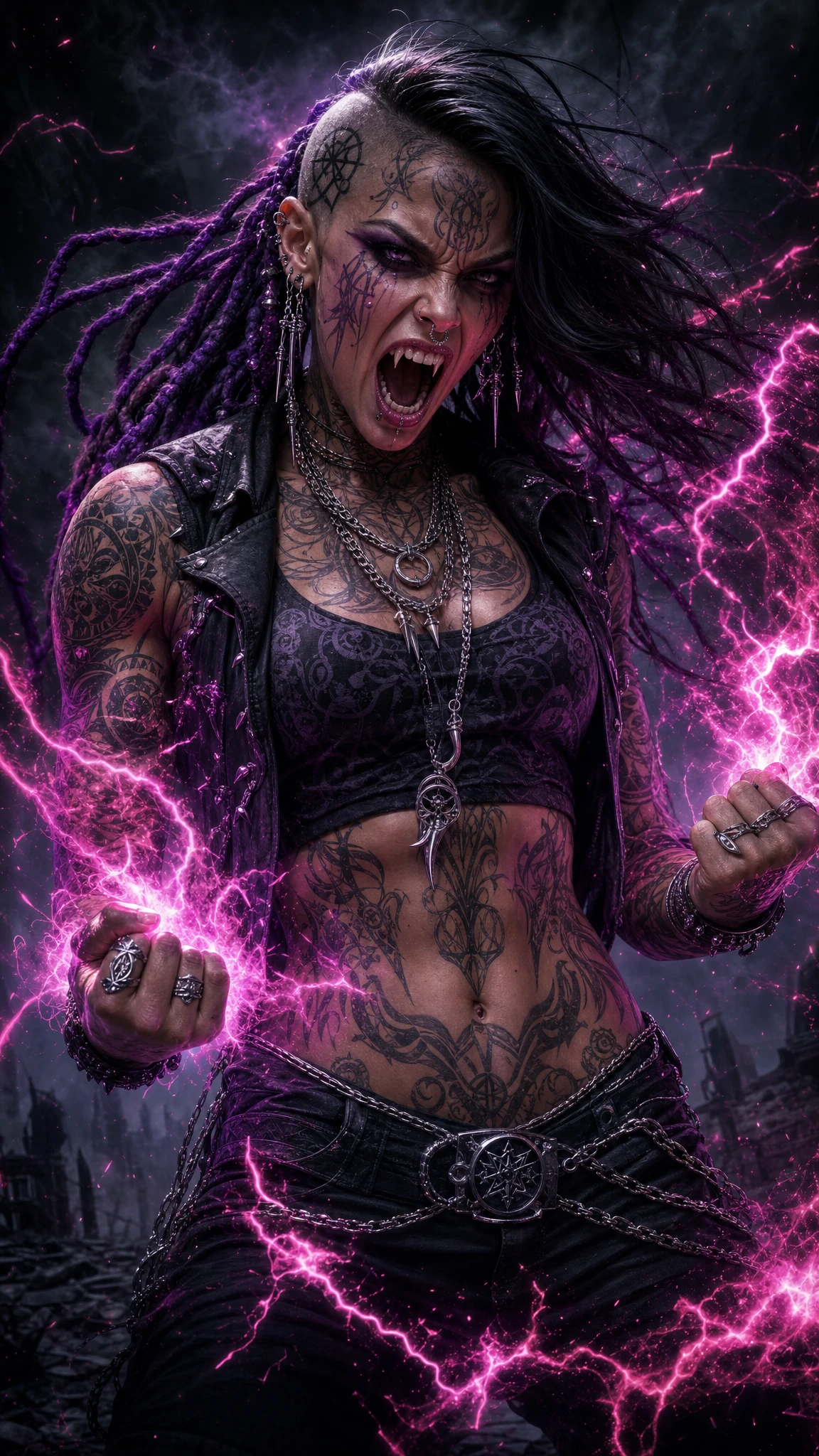Enraged gothic woman wielding purple arcane energy