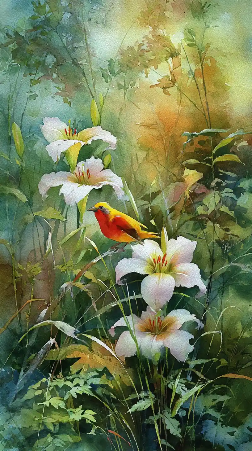 Gelber Vogel auf Lilien in einem sonnenbeschienenen Aquarellwald
