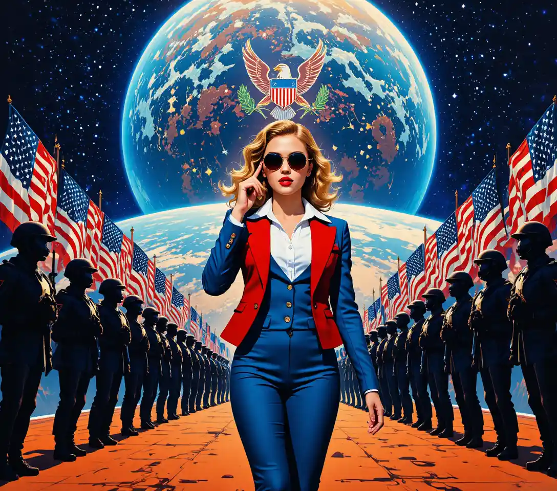 Determined businesswoman walking forward in cosmic patriotic scene