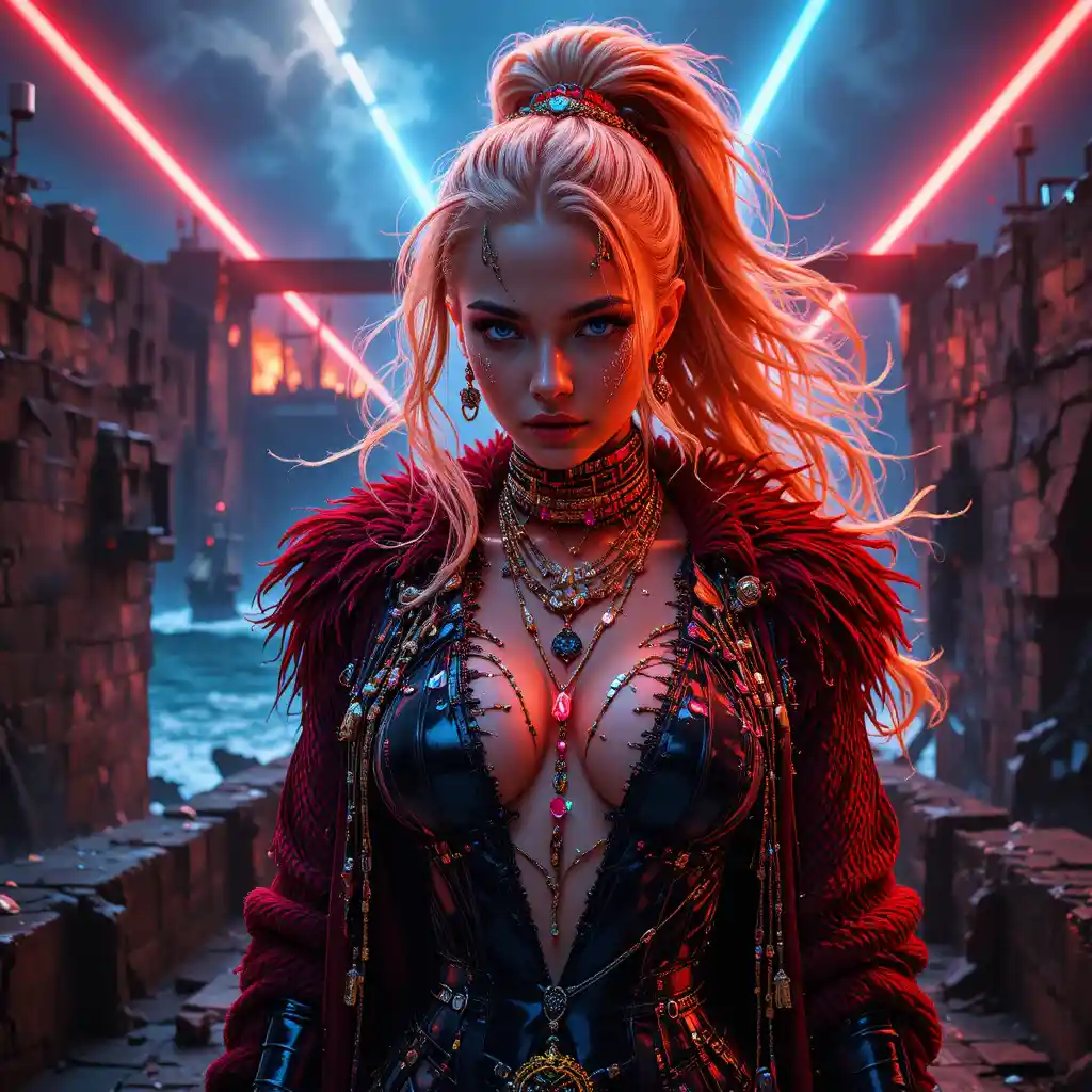 Cyberpunk pirate queen under neon lasers at sea fortress