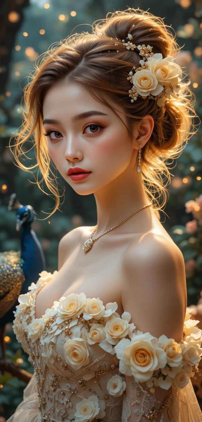 Smiling woman in floral gown beside golden peacock