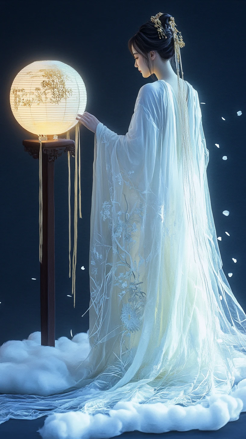 Elegant woman in white hanfu beside glowing woven orb