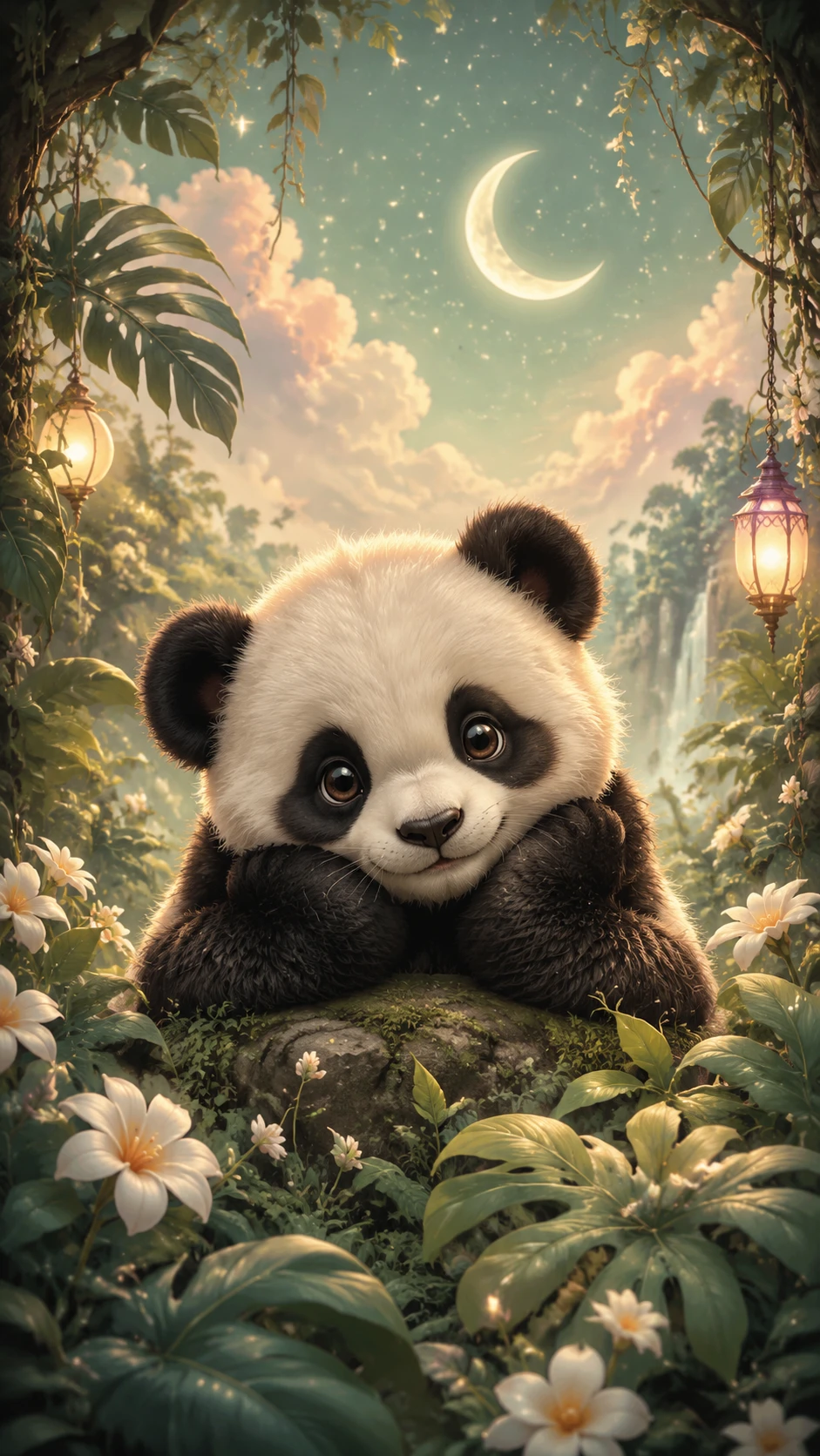 Cute baby panda resting in an enchanted jungle