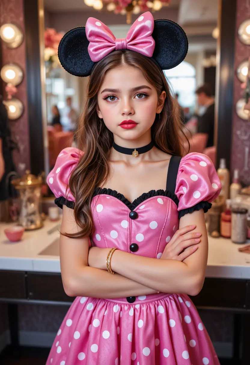 Tween boy dressed as minnie mouse in boutique vanity scene