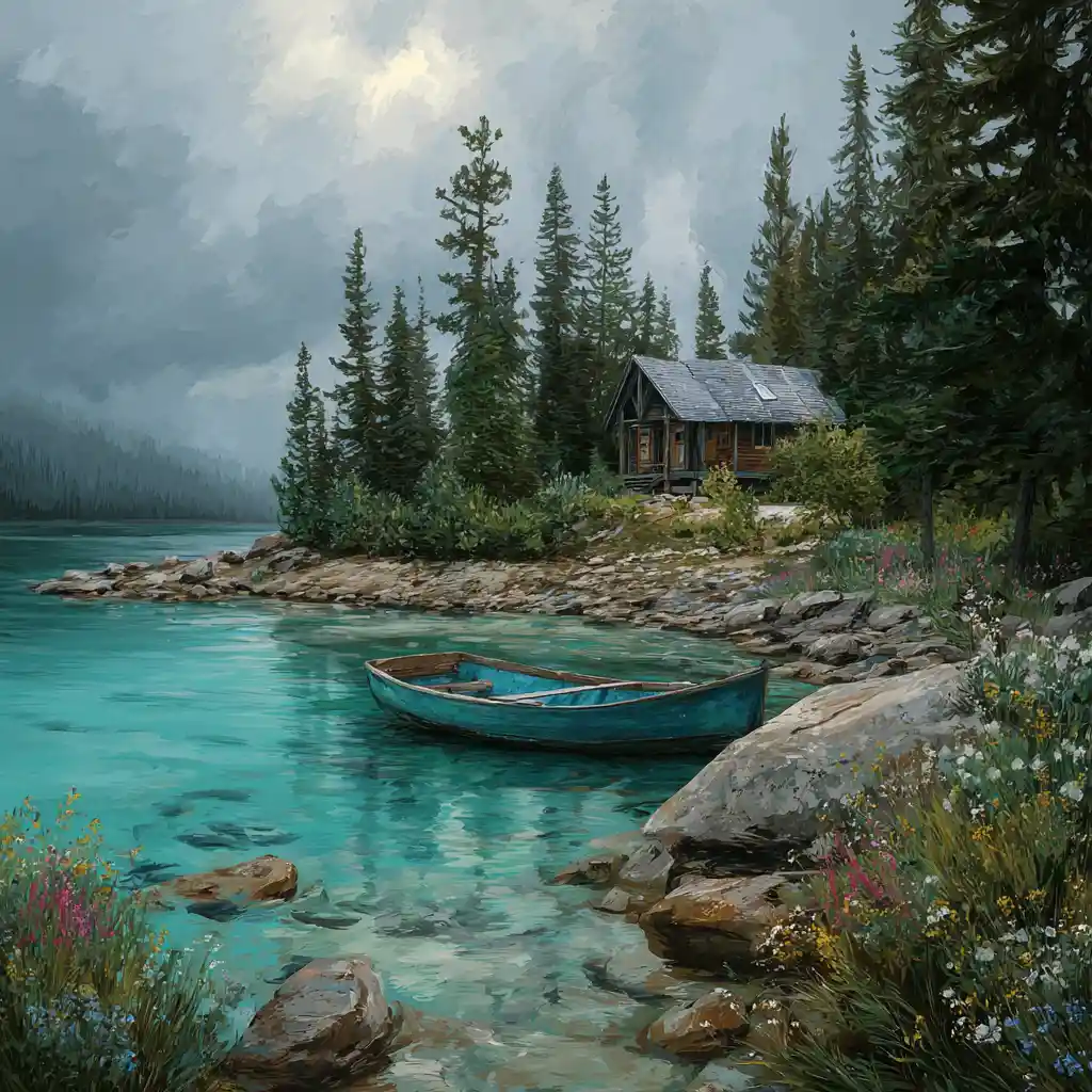 Cozy Lakeside Cabin With Rowboat Under Dramatic Sky