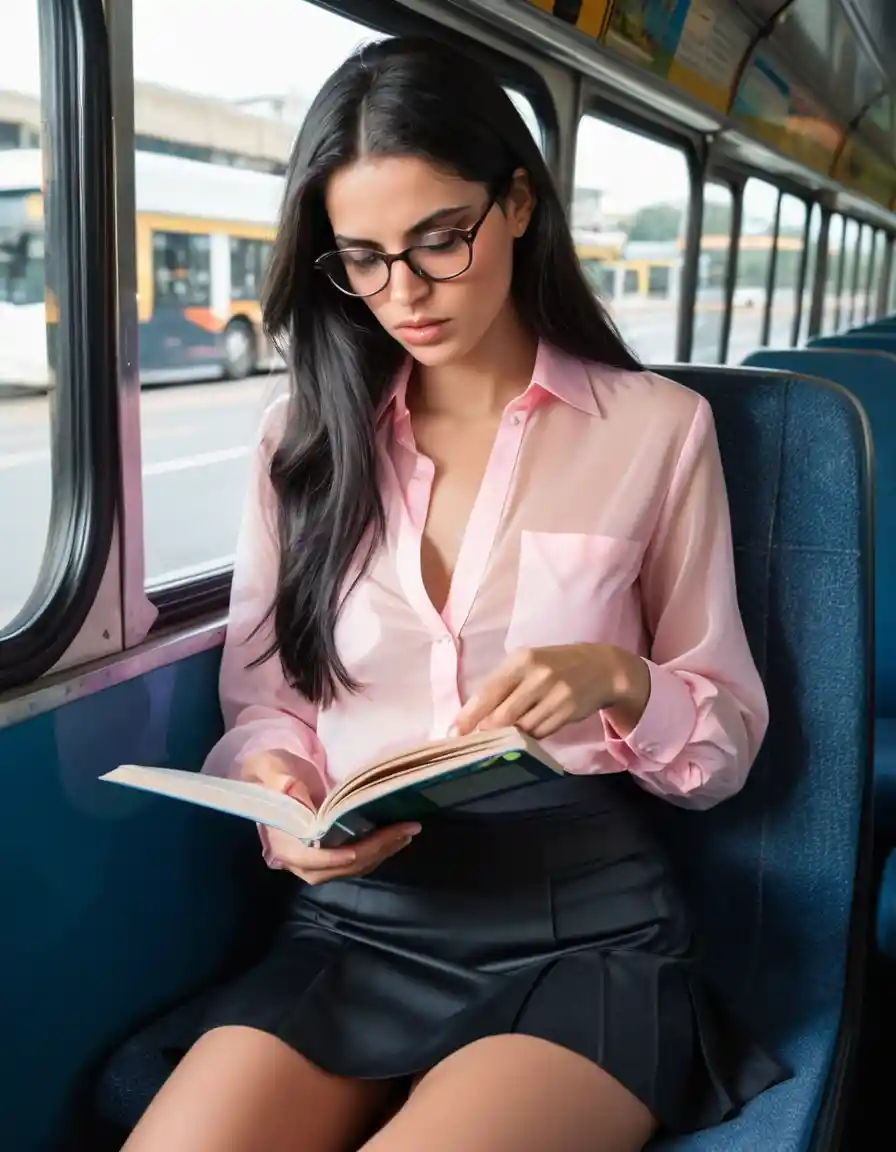 Woman Reading On A Bus In Pink Sheer Shirt