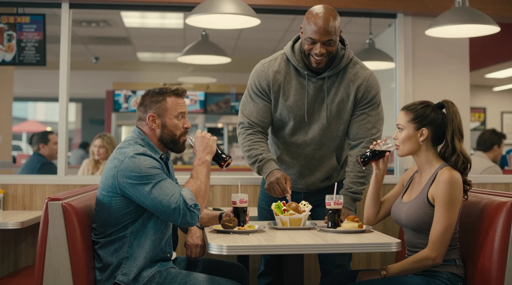 Tall friends sharing a booth in a modern fast food restaurant