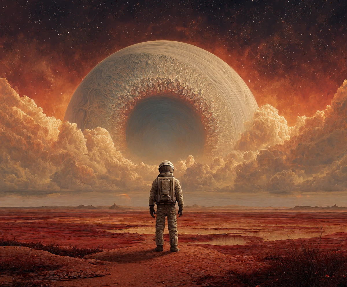 Solitary astronaut on crimson alien desert facing glowing geode
