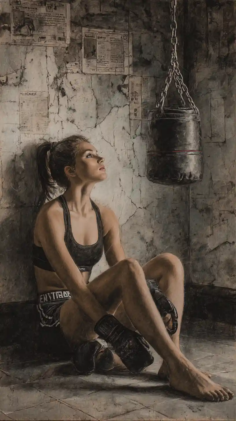 Exhausted female boxer resting under a heavy bag