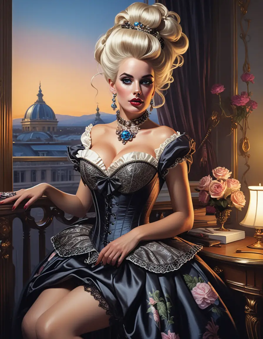 Blonde courtesan in rococo corset in lavish boudoir
