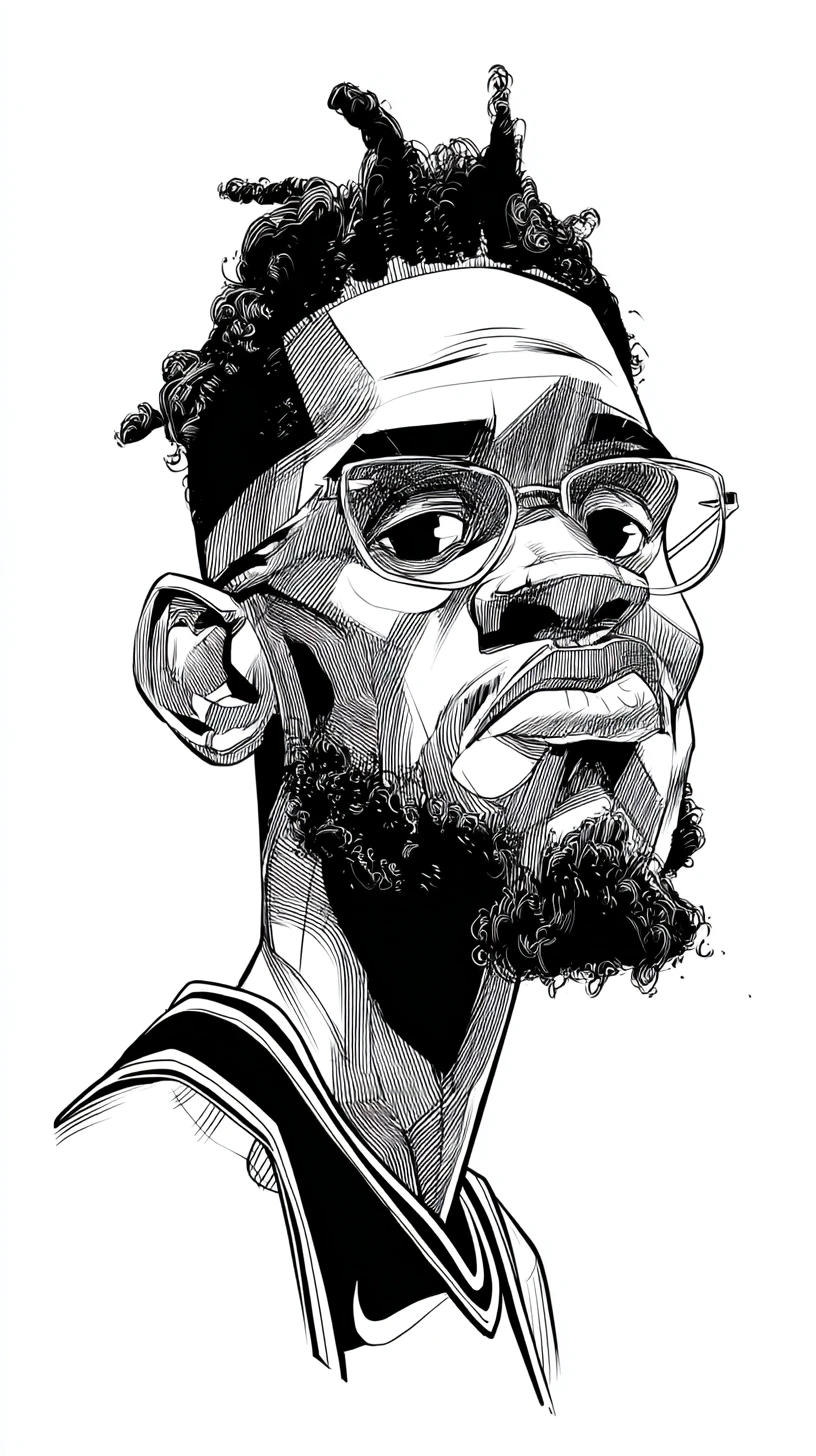 Caricature of a basketball player in inked black and white
