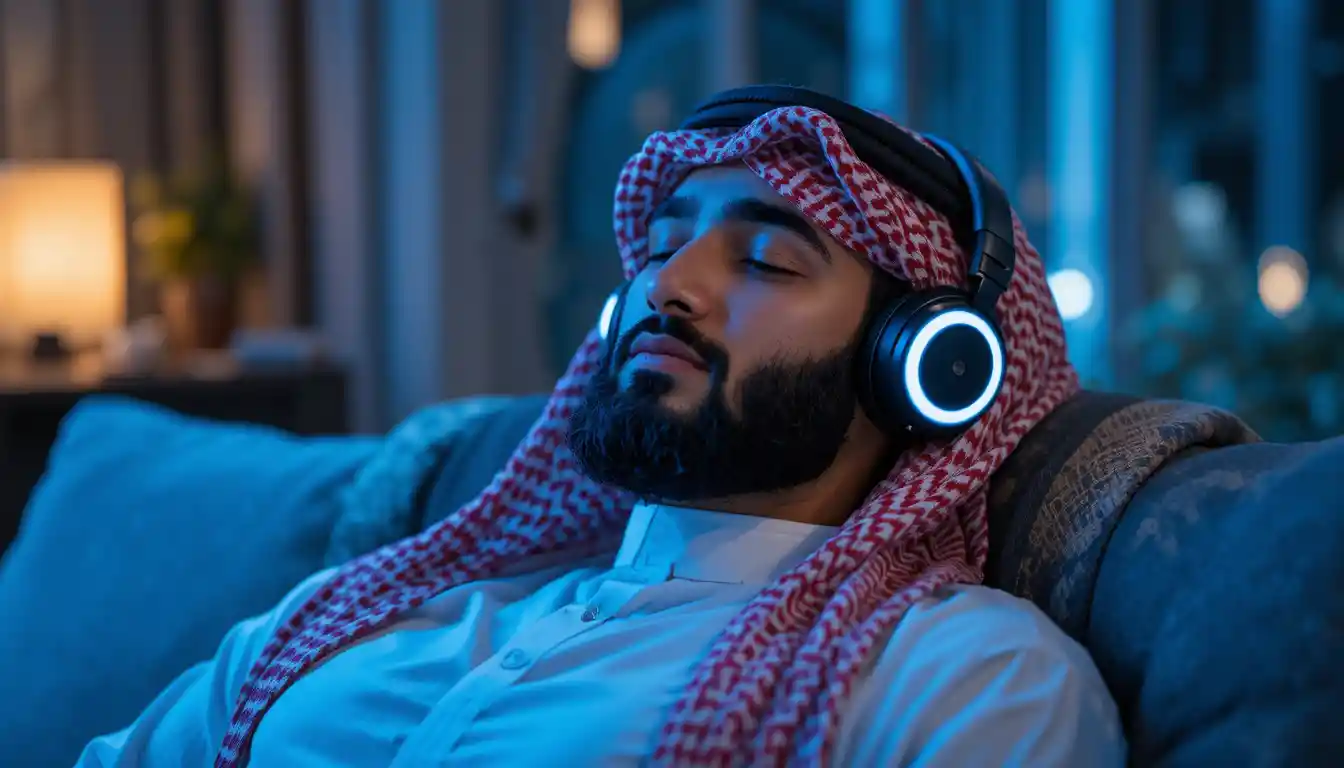 Middle Eastern man relaxing with headphones on sofa at night