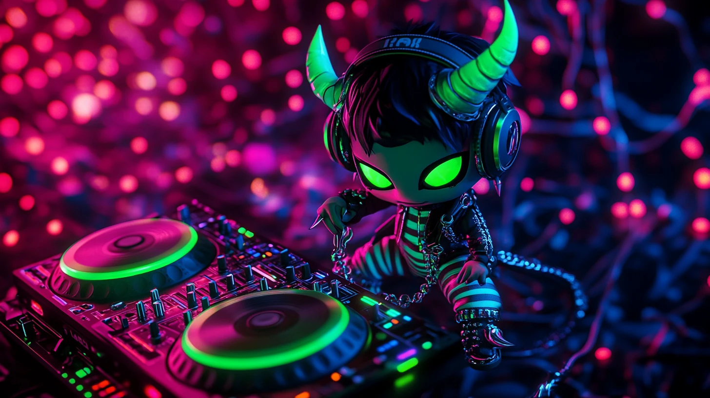 Chibi punk demon DJ mixing on neon turntables