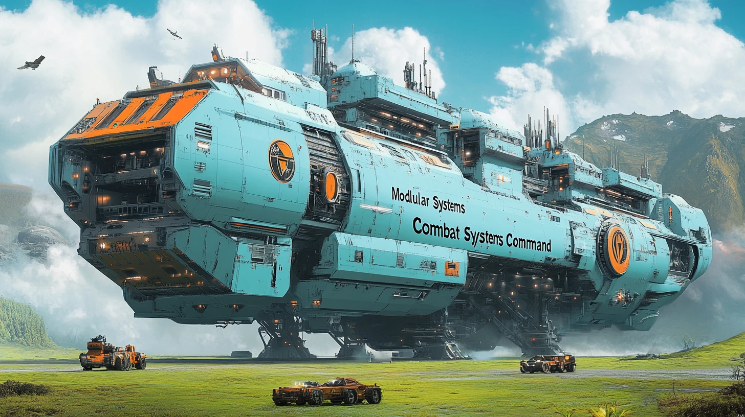 Gigantic modular cargo starship landed on lush alien world