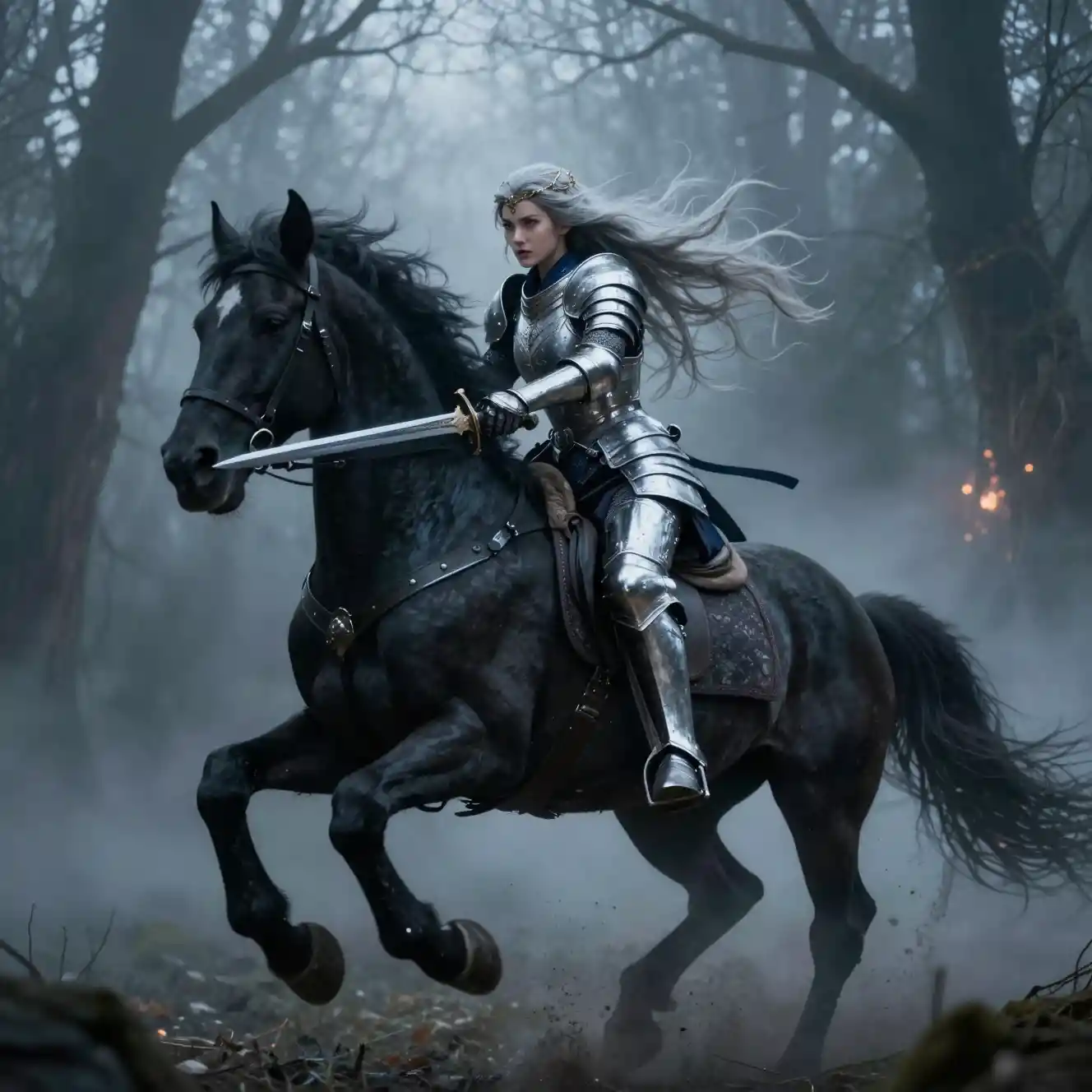 Fierce female knight charging through misty enchanted forest