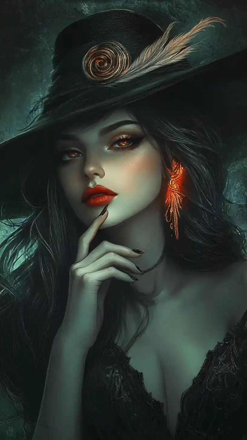 Elegant woman in neon hat with glowing dark portrait