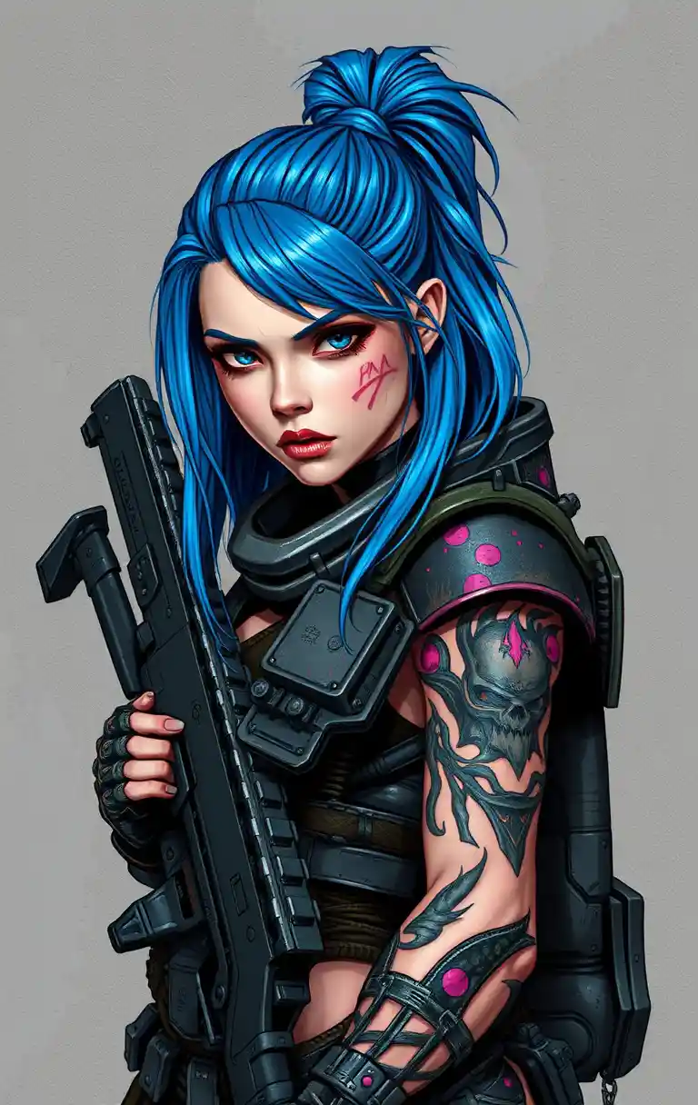 Blue haired female warrior with rifle and battle armor