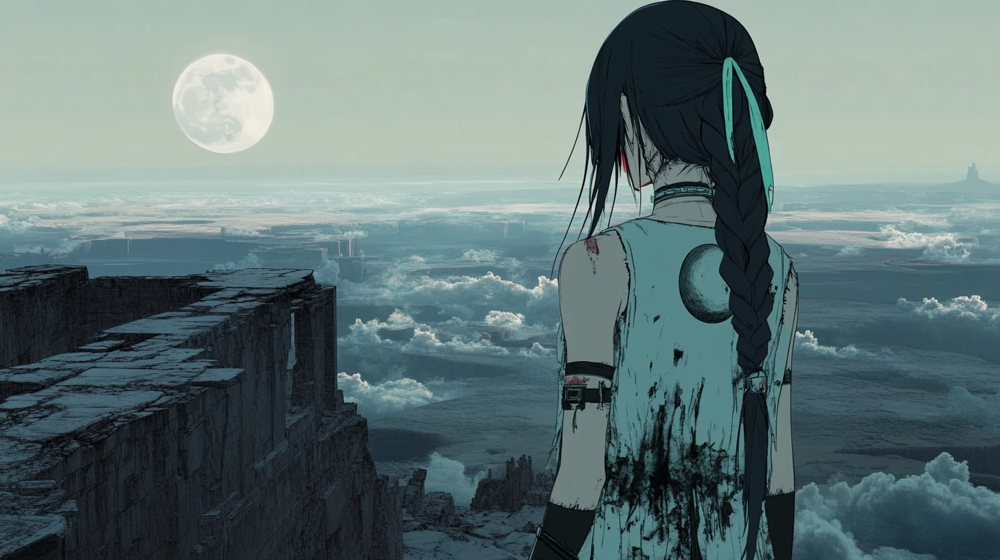 Anime girl on a ruined tower balcony under desert stars