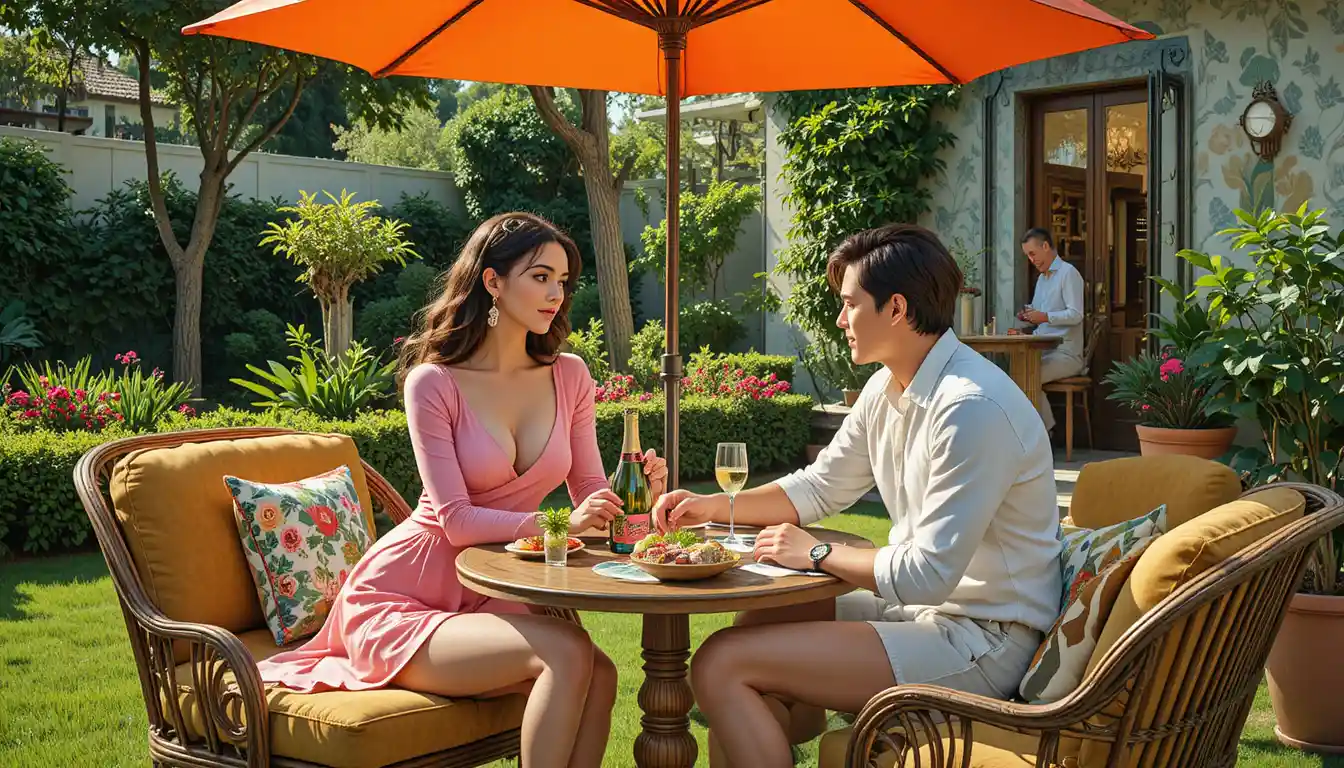 Friends preparing food at a backyard garden picnic table
