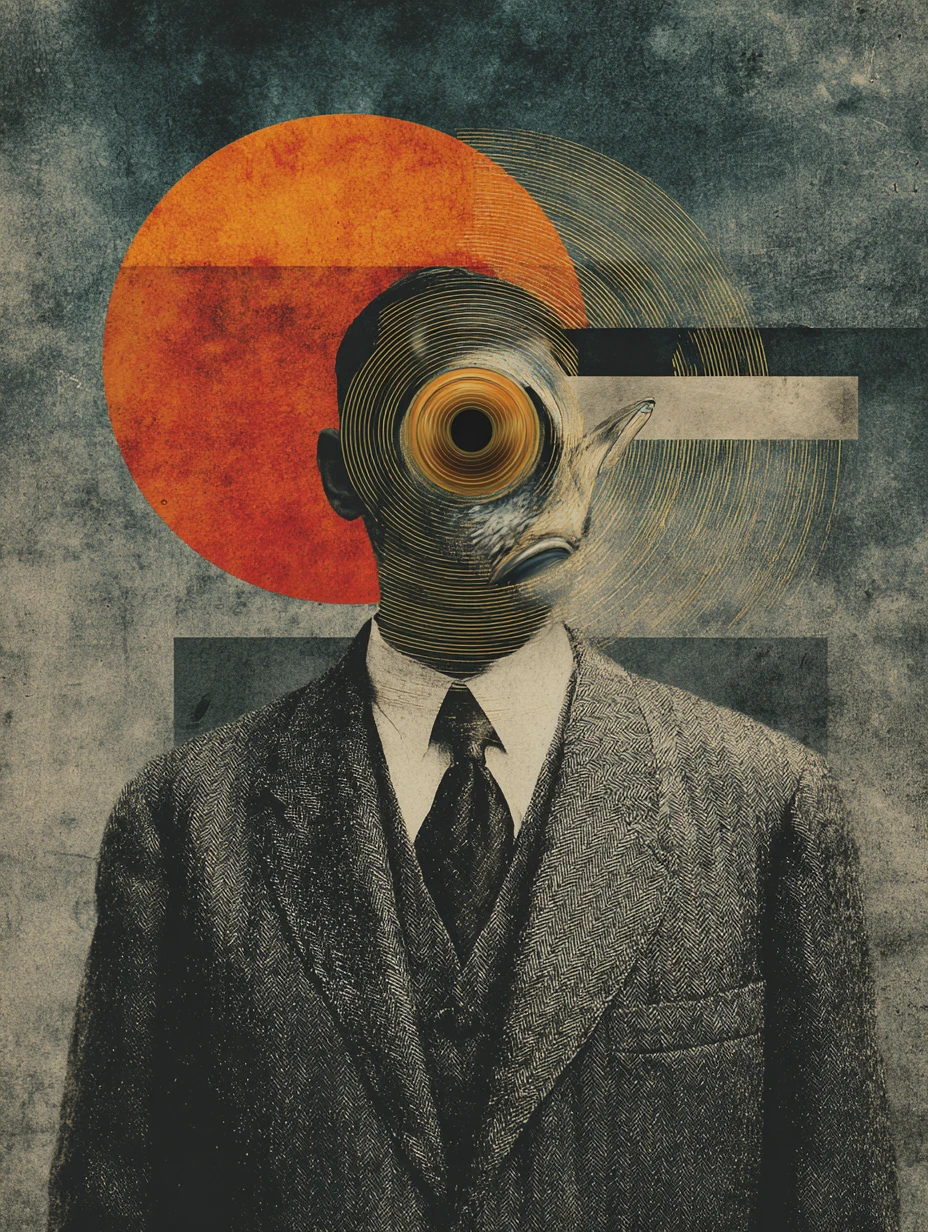 Collage vintage surreale e malinconico con composizione minimalista