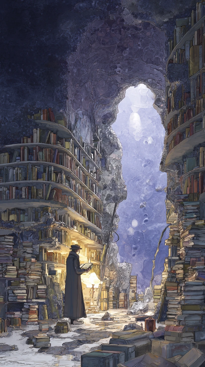 Mystical Library Inside A Glowing Geode Under Moonlight