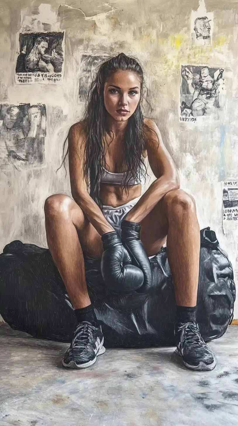 Exhausted female boxer resting on a gym floor