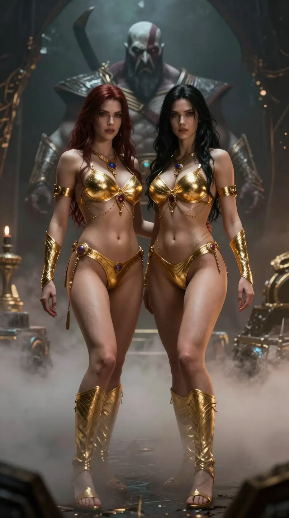 Armored fantasy couple standing in swirling mystical mist